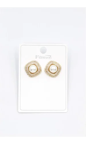 İncili Baget Taşlı Küpe - Altın