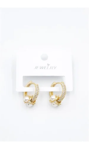 İncili Taşlı Halka Küpe - Altın