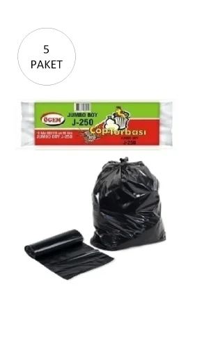 J-250 Jumbo Boy Çöp Torbası 80 x 110 cm 10 Lu Rulo x 5 Paket = 50 Adet (Siyah)