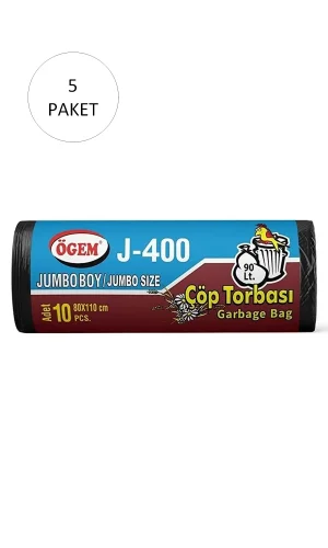 J-400 Jumbo Boy Çöp Torbası 80 x 110 cm 10 Lu Rulo x 5 Paket = 50 Adet (Siyah)