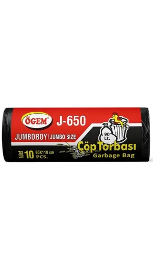 J-650 Jumbo Boy Çöp Torbası 80 x 110 cm 10 Lu Rulo x 1 Paket = 10 Adet (Siyah)