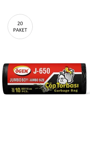 J-650 Jumbo Boy Çöp Torbası 80 x 110 cm 10 Lu Rulo x 20 Paket = 200 Adet (Siyah)