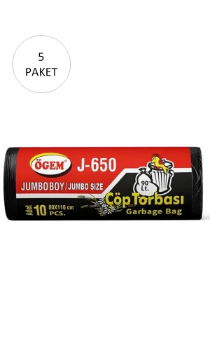 J-650 Jumbo Boy Çöp Torbası 80 x 110 cm 10 Lu Rulo x 5 Paket = 50 Adet (Siyah)