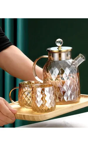 Kabartmalı Bambu Kapaklı Borosilikat Cam Demlik 1500ml Royaleks-CM-2005