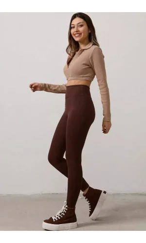 Kahverengi Yüksek Bel Fitilli Kadın Tayt Yazlık 2001