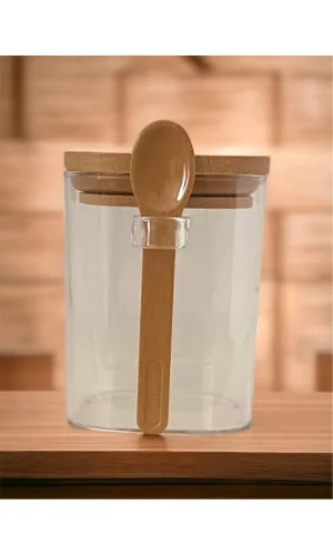 Kare Bambu Kapaklı Kaşıklı kristal plastik Baharat Saklama Kabı 500ml ( 1 adet ) Royaleks-HS501