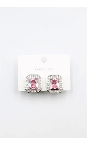 Kare Taşlı Küpe - Pembe