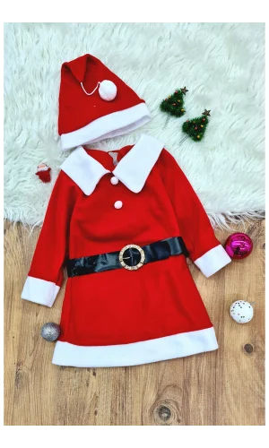 Kız Çocuk Noel Anne Yılbaşı Kostümü Etekli Şapkalı Elbise Yılbaşı Noel Baba Kostümü