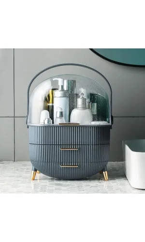 Kozmetik Makyaj Düzenleyici Organizer Gri Taşıma Kulplu Çekmeceli