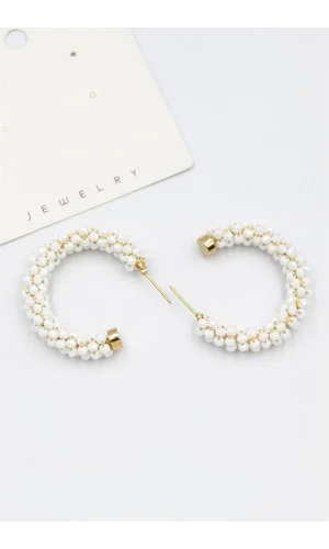 Kristal Boncuk Halka Küpe - Beyaz