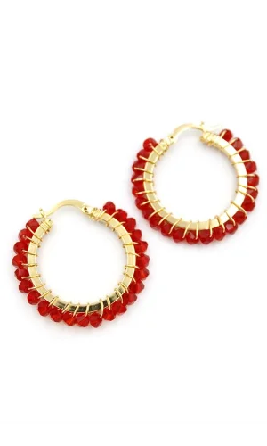 Kristal Boncuk Halka Küpe - Kırmızı