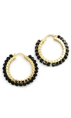 Kristal Boncuk Halka Küpe - Siyah