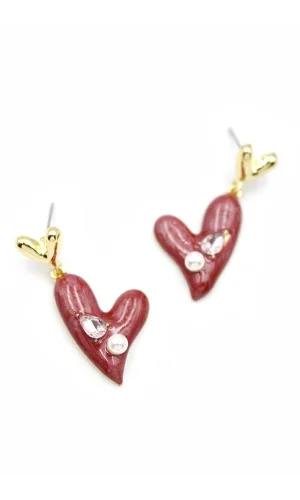 Mineli Kalp Küpe - Bordo