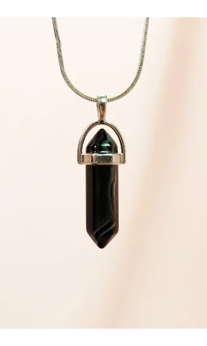 Obsidyen Doğal Taşı Zincirli El Yapımı Tasarımlı Kolye Uç: 3,5 cm Zincir: 20 cm Kutulu