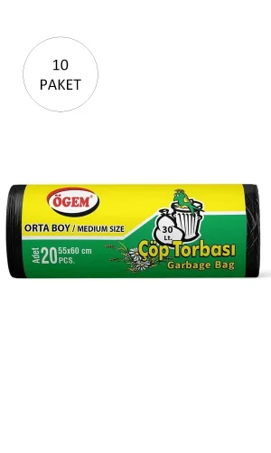 Orta Boy Çöp Torbası 55 x 60 cm 20 Li Rulo x 10 Paket = 200 Adet (Siyah)