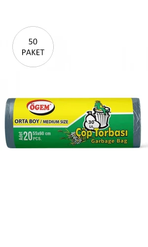 Orta Boy Çöp Torbası 55 x 60 cm 20 Li Rulo x 50 Paket = 1000 Adet (Mavi)