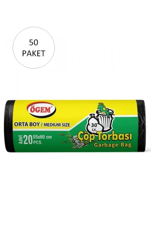 Orta Boy Çöp Torbası 55 x 60 cm 20 Li Rulo x 50 Paket = 1.000 Adet (Siyah)