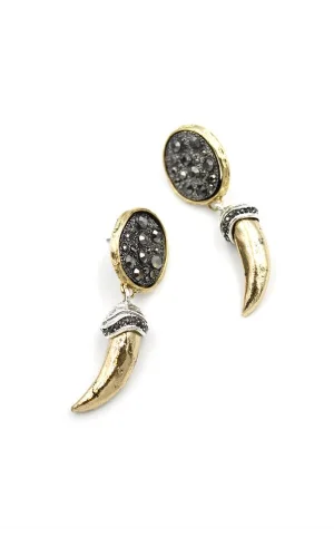 Parlak Taşlı Boynuz Küpe - Altın