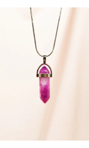 Pembe Akit Doğal Taşı Zincirli El Yapımı Tasarımlı Kolye Uç: 3,5 cm Zincir: 20 cm Kutulu