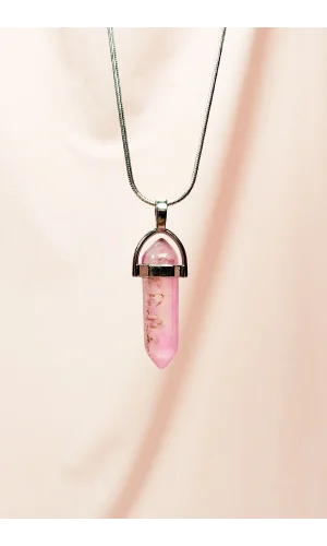 Pembe Kuvars Doğal Taşı Zincirli El Yapımı Tasarımlı Kolye Uç: 3,5 cm Zincir: 20 cm Kutulu
