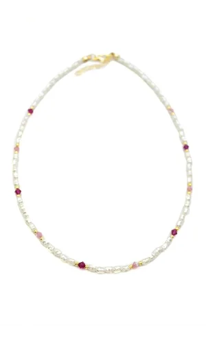 Renkli Boncuklu İnci Kolye - Fuşya