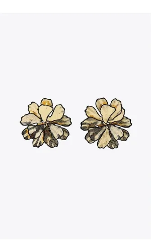 Siyah Detaylı Çiçek Küpe - Altın