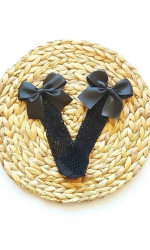 Siyah Fileli Diz Altı Fiyonklu Kız Çocuk Çorap