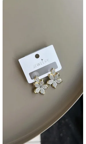 Taşlı Çiçek Küpe - Altın