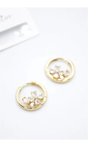 Taşlı Çiçek Küpe - Altın