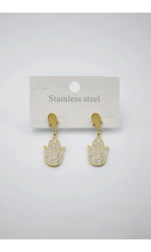 Taşlı Fatıma Eli Küpe - Altın