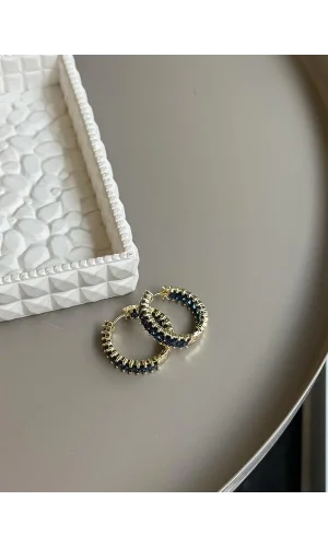 Taşlı Halka Küpe - Lacivert