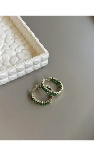 Taşlı Halka Küpe - Yeşil