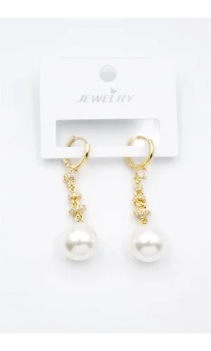 Taşlı İnci Küpe - Altın