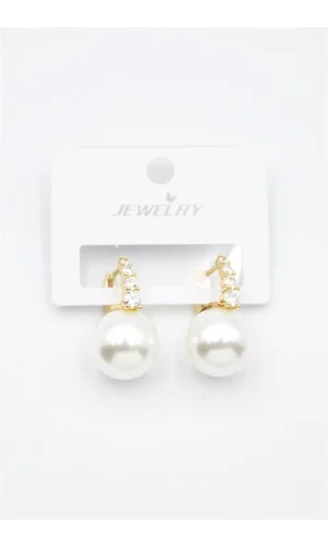 Taşlı İnci Küpe - Altın