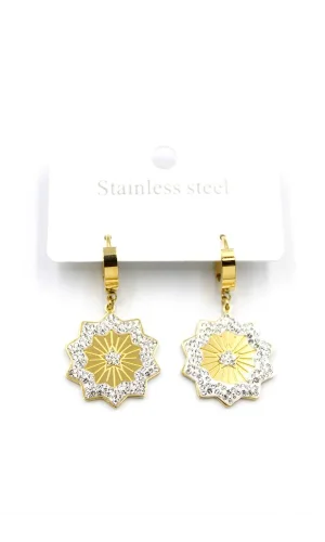 Taşlı Yıldız Çelik Halka Küpe - Altın