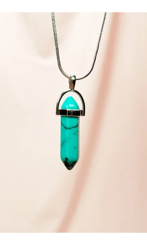 Turkuaz Doğal Taşı Zincirli El Yapımı Tasarımlı Kolye Uç: 3,5 cm Zincir: 20 cm Kutulu