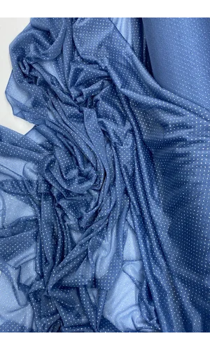 Yağmur Damlası Simli Abiye Elbise Şallık Tül Kumaş İndigo Mavi 89