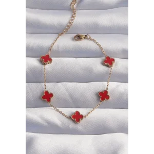 316L Çelik Baby Boy Gold Renk Kırmızı Mineli Yonca Bileklik