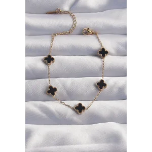 316L Çelik Baby Boy Gold Renk Siyah Mineli Yonca Bileklik