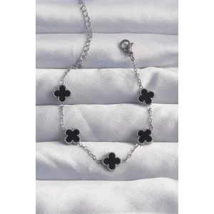 316L Çelik Baby Boy Gümüş Renk Siyah Mineli Yonca Bileklik