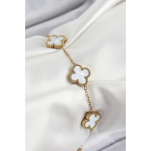 316L Çelik Beyaz Sedef Yonca Model Gold Renk Kadın Bileklik