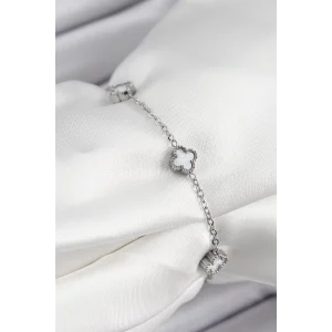 316L Çelik Beyaz Sedef Yonca Model Gümüş Renk Kadın Bileklik