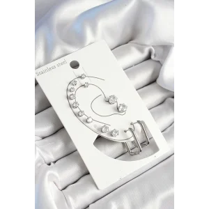 316L Çelik Dikdörtgen Figürlü Ve Zirkon Taşlı Gümüş Renk 7li Çift Kadın Küpe Set