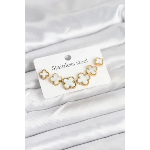 316L Çelik Gold Beyaz Renk 3 Boy Yonca Küpe Seti