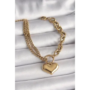 316L Çelik Gold Renk 2Li Zincir Model Kalp Figür Kadın Bileklik