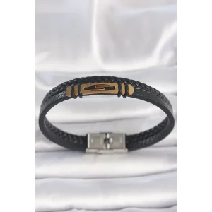 316L Çelik Gold Renk Aksesuarlı Çift Sıra Siyah Burgu Desenli Deri Kordon Erkek Bileklik