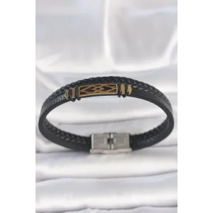 316L Çelik Gold Renk Aksesuarlı Çift Sıra Siyah Burgu Desenli Deri Kordon Erkek Bileklik