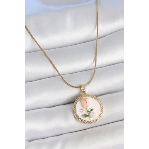 316L Çelik Gold Renk Beyaz Mineli İncili Çiçek İşlemeli Portre Model Kadın Kolye