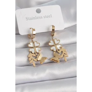 316L Çelik Gold Renk Beyaz Sedefli Yonca Simli Kelebek Figür Kadın Küpe