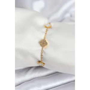 316L Çelik Gold Renk Beyaz ve Zirkon Taşlı Baby Boy Yonca Kadın Bileklik